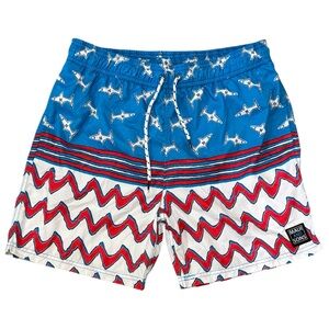 Maui and Sons Blue and Red Shark Pattern Swim Trunks